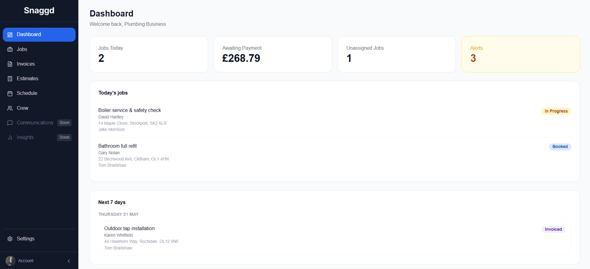 Snaggd dashboard
